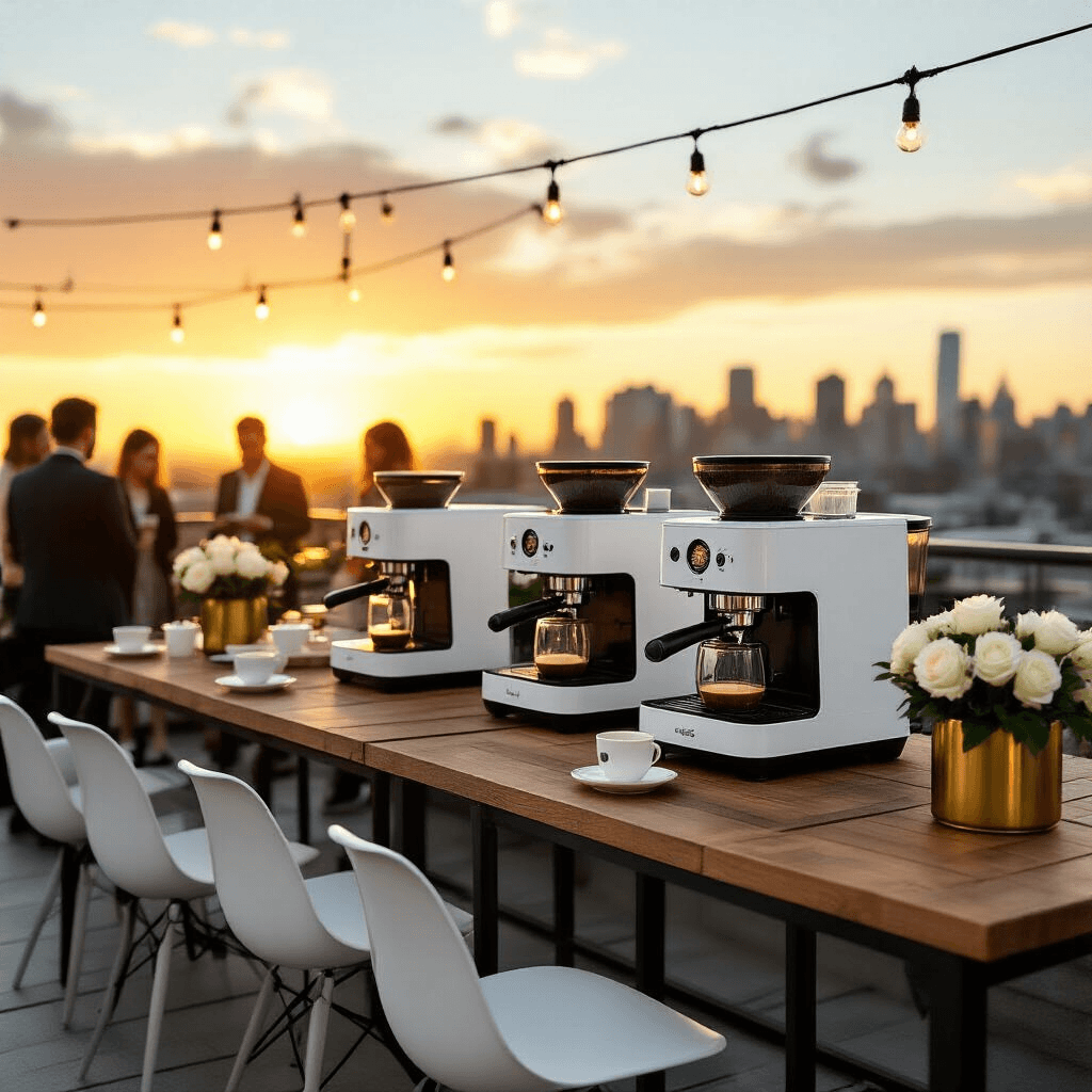 The Best White Coffee Makers for Every Kitchen Style and Budget Cinematic shot of a sophisticated rooftop coffee maker demonstration at sunset, featuring sleek white machines on industrial wooden tables, surrounded by modern ghost chairs and warm amber lighting; guests in smart casual wear taste coffee, with elegant serving pieces and urban skyline backdrop.