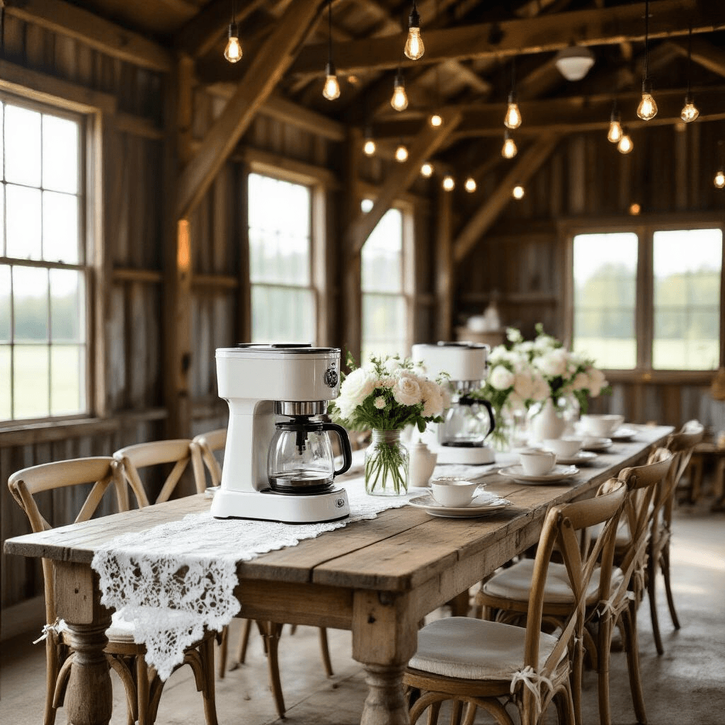 The Best White Coffee Makers for Every Kitchen Style and Budget Wide-angle shot of a whimsical coffee maker showcase in a rustic barn, featuring white farmhouse-style coffee makers on reclaimed wood tables, vintage lace runners, mason jar centerpieces with peonies and baby's breath, mismatched vintage white china, wooden chairs with ivory cushions, and warm string lights, all illuminated by soft morning light.