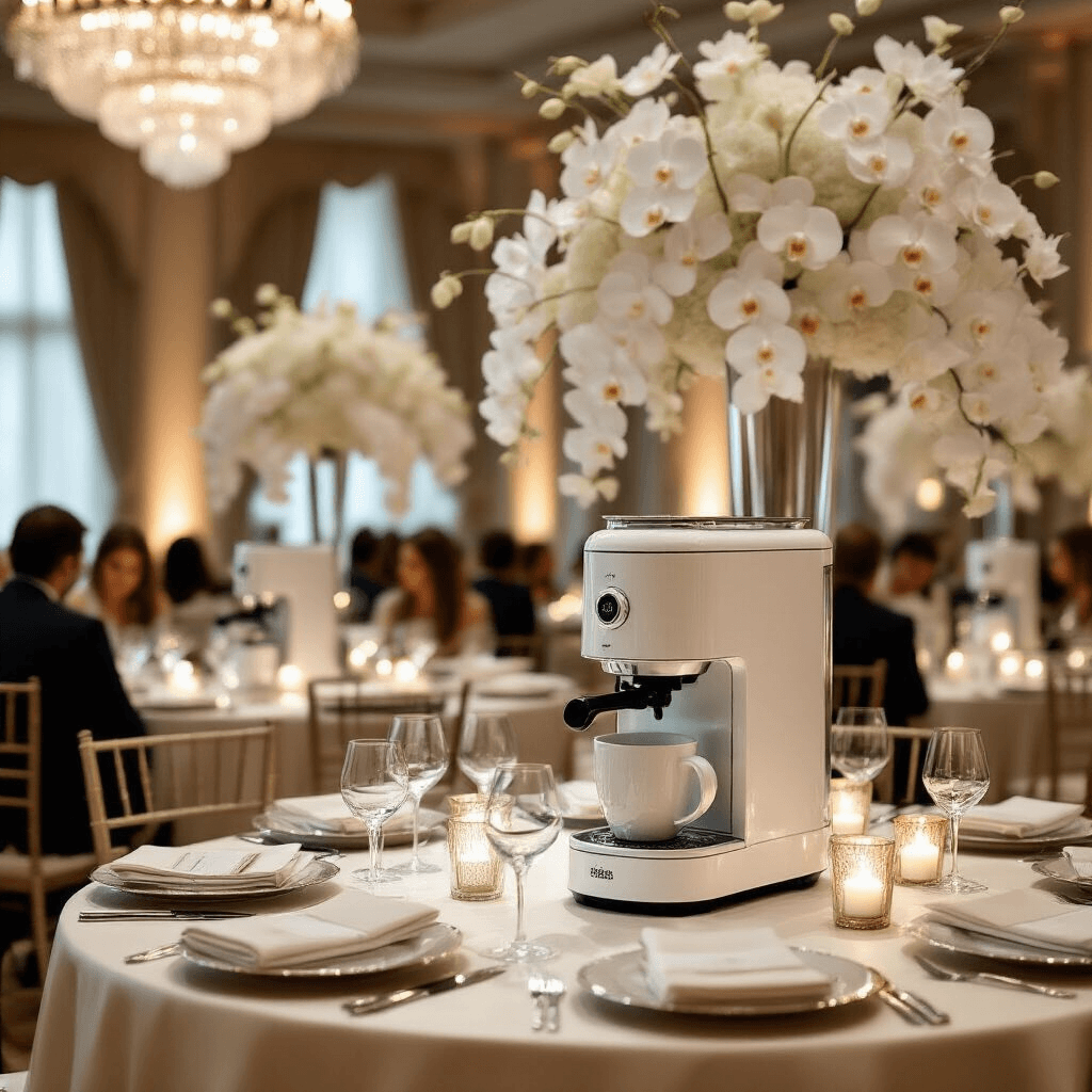 The Best White Coffee Makers for Every Kitchen Style and Budget Close-up shot of an upscale coffee maker launch in an elegant hotel ballroom, featuring round tables with silk ivory linens, silver charger plates, and stunning white coffee makers surrounded by orchid arrangements and votive candles, all illuminated under crystal chandeliers.