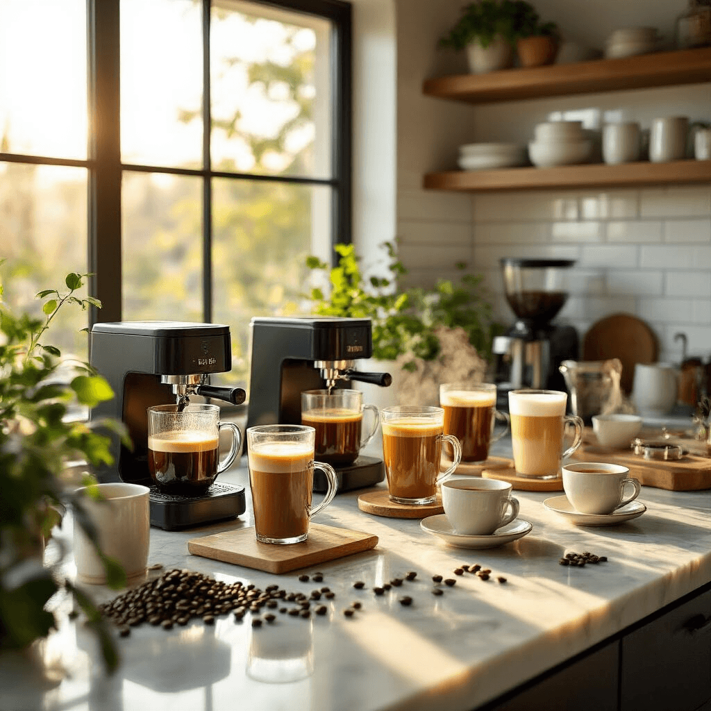 How I Found the Perfect Iced Coffee Maker After Testing 12 Different Machines This Summer A modern kitchen counter illuminated by golden hour sunlight, featuring a coffee tasting station with five premium iced coffee makers, tall glass tumblers of iced coffee, ground coffee beans, and ceramic testing cups, set against a backdrop of white subway tiles and brushed steel appliances.