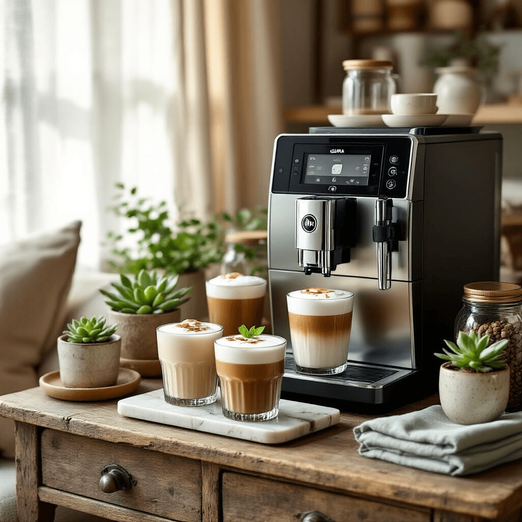 How I Found the Perfect Iced Coffee Maker After Testing 12 Different Machines This Summer A cozy living room setup featuring a premium Jura Z10 coffee machine on a rustic wood console table, surrounded by elegant iced coffee drinks, vintage brass accents, and potted succulents, all illuminated by soft morning light filtering through sheer curtains.