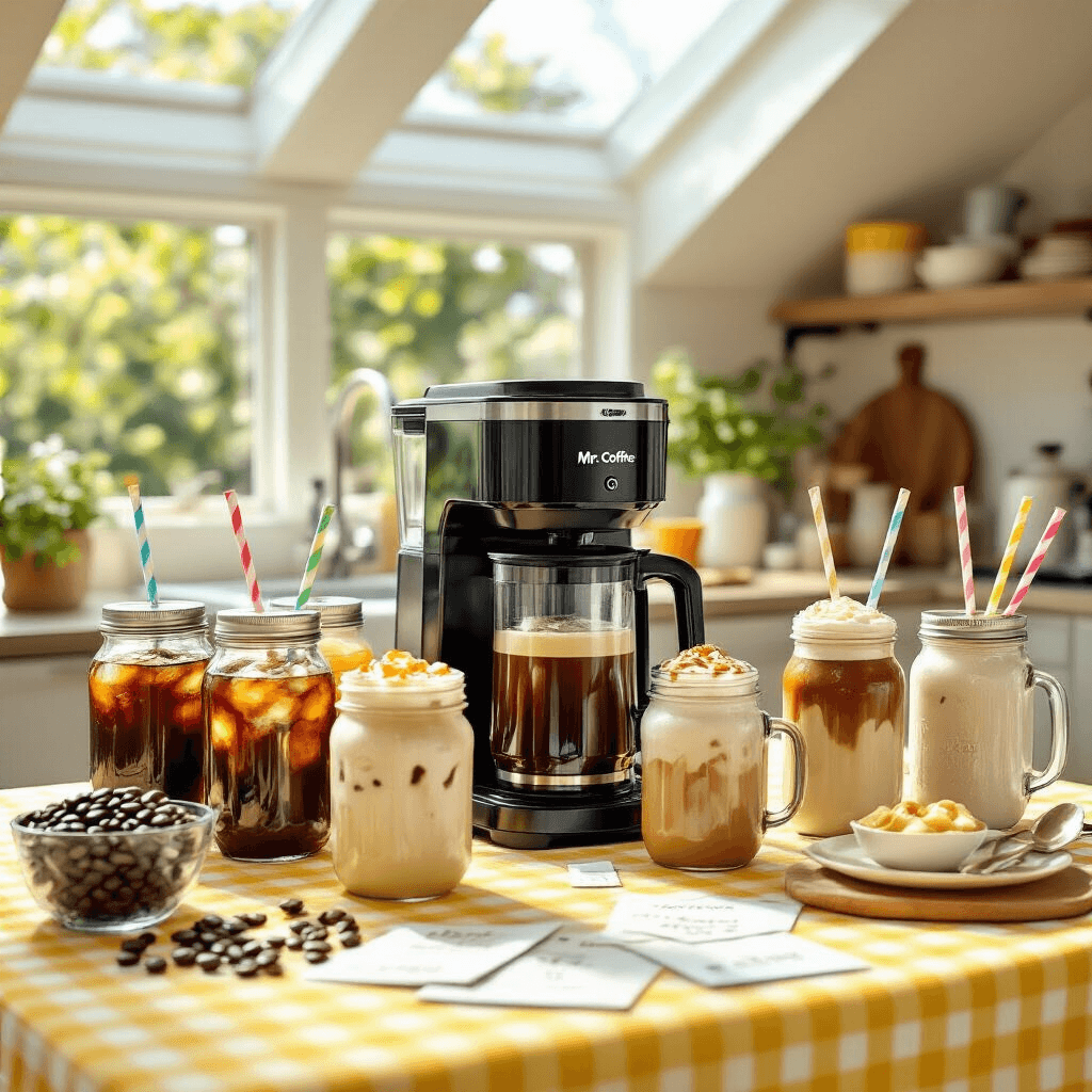 How I Found the Perfect Iced Coffee Maker After Testing 12 Different Machines This Summer A bright kitchen island set up as a budget-friendly coffee station, featuring a Mr. Coffee Single-Serve iced coffee maker and an array of colorful iced coffee drinks in mason jars, with fresh coffee beans, vintage measuring spoons, paper straws, and handwritten recipe cards on a yellow and white checkered tablecloth, all illuminated by natural light from skylights above.
