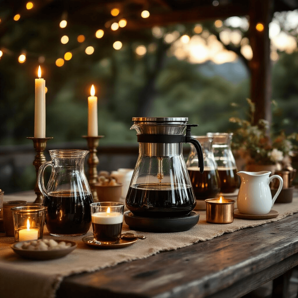 How I Found the Perfect Iced Coffee Maker After Testing 12 Different Machines This Summer An artisanal cold brew station featuring a Toddy Cold Brew System on a rustic wooden table, surrounded by glass carafes of dark cold brew, vintage copper measuring tools, and ceramic pitchers of cream, all illuminated by warm candlelight and fairy lights.