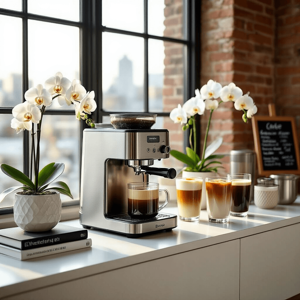 How I Found the Perfect Iced Coffee Maker After Testing 12 Different Machines This Summer A stylish home café corner in a modern apartment, featuring a sleek coffee maker, an array of iced coffee drinks in various glass vessels, fresh orchids, black and white coffee table books, and warm golden hour light streaming through industrial windows, accentuating the urban sophistication and minimalist design.