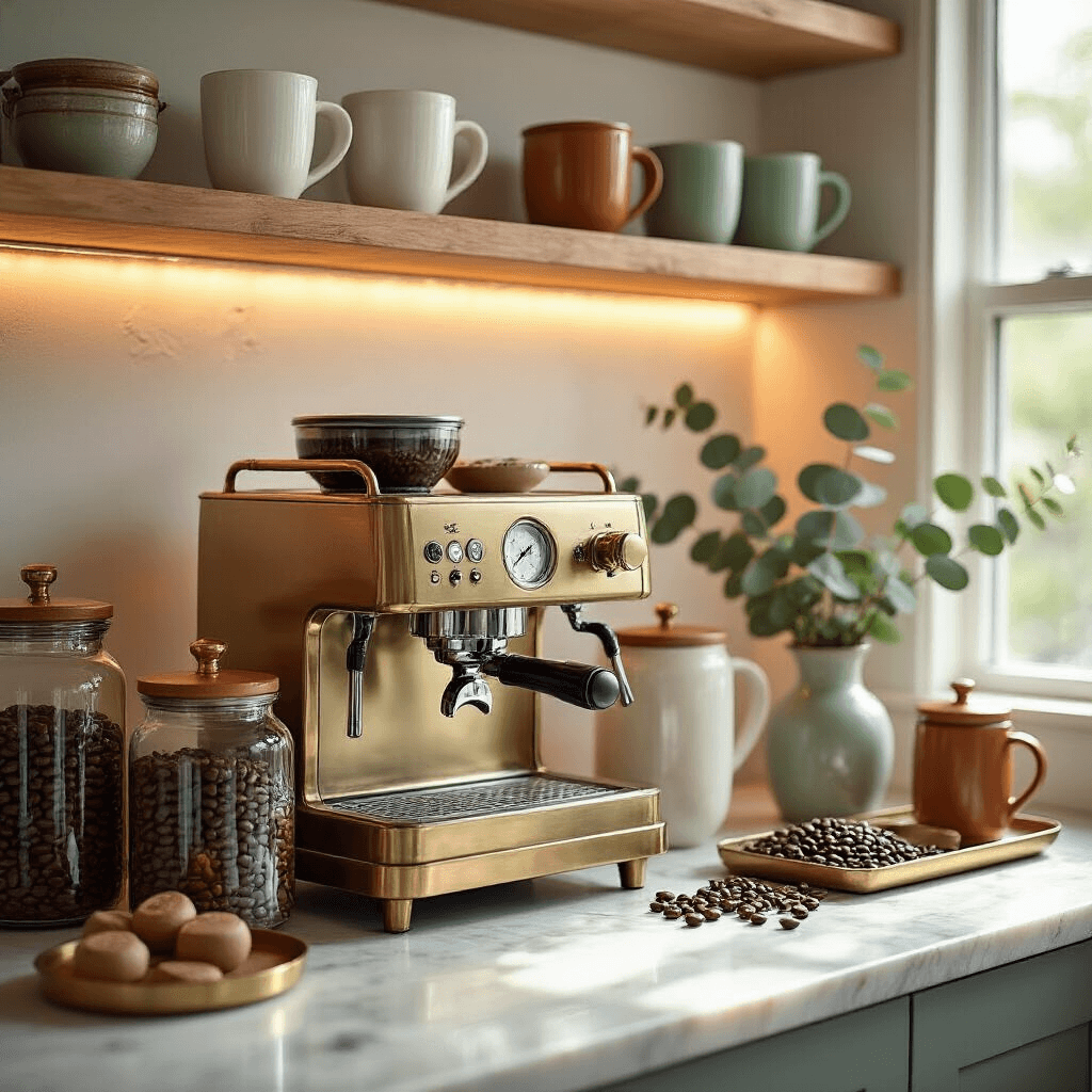 Coffee corner design A stylish coffee corner featuring a vintage brass bar cart with a sleek espresso machine, tall glass jars of coffee beans, terracotta ceramic canisters, low brass trays, and floating shelves with white and sage green mugs, bathed in soft morning light.
