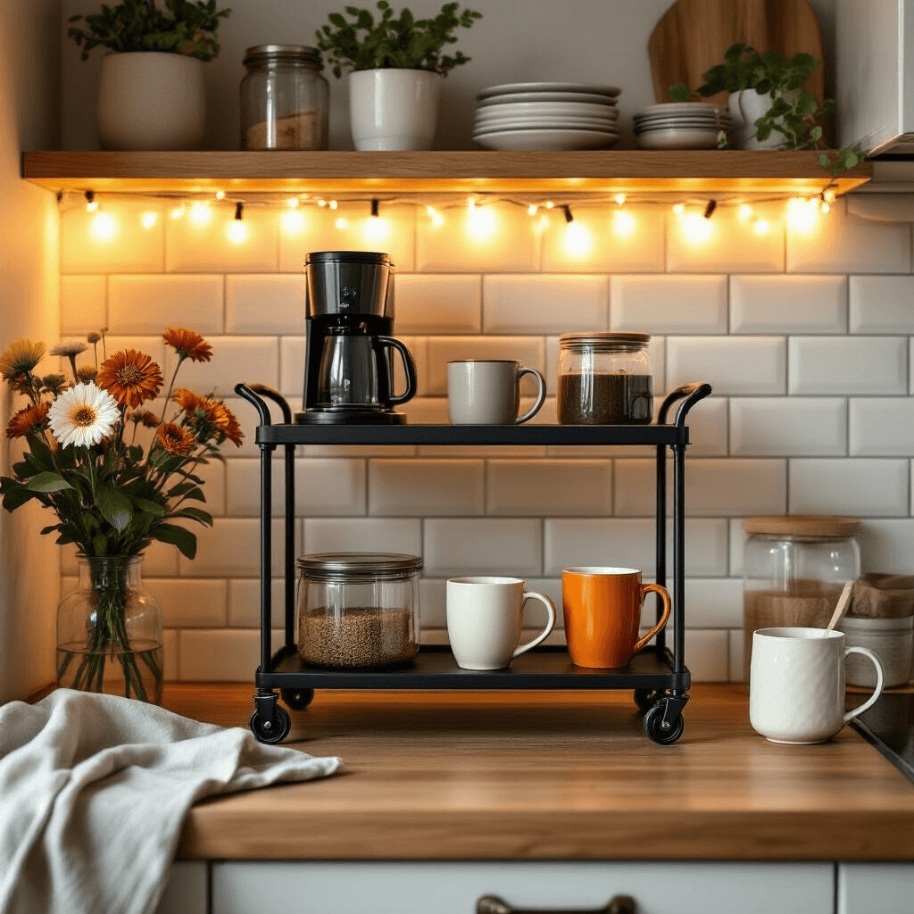 Coffee corner design A cozy apartment kitchen coffee corner during golden hour, featuring a modern black and wood rolling coffee cart with a coffee maker and ceramic mugs, surrounded by removable peel-and-stick subway tile, layered textures, ambient fairy lights, and fresh flowers.