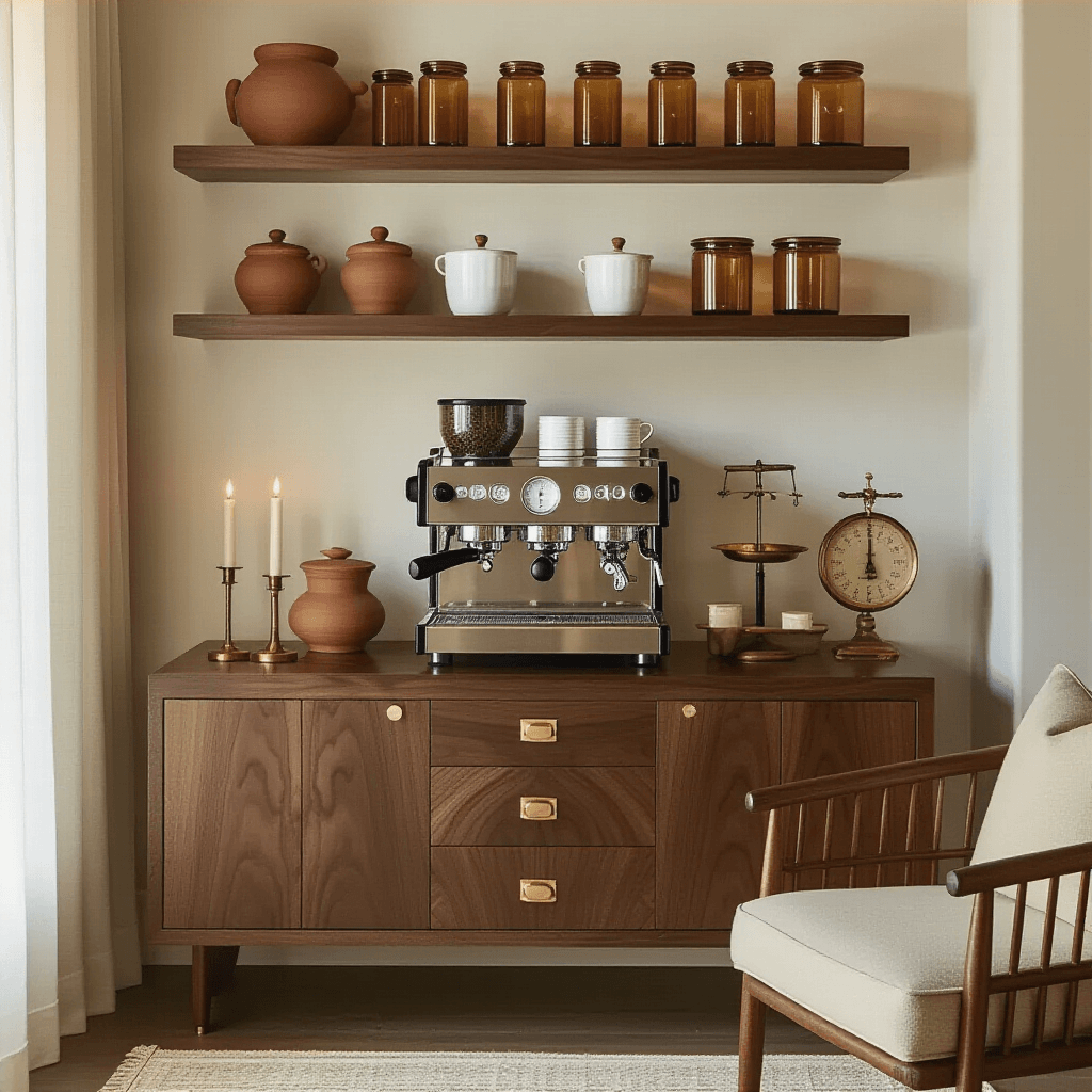 Coffee corner design A luxurious coffee corner featuring a custom floating shelf above a narrow walnut console table, showcasing a high-end espresso machine, amber glass canisters, and a vintage copper scale, all styled with warm earth tones and elegant brass accents in soft morning light.