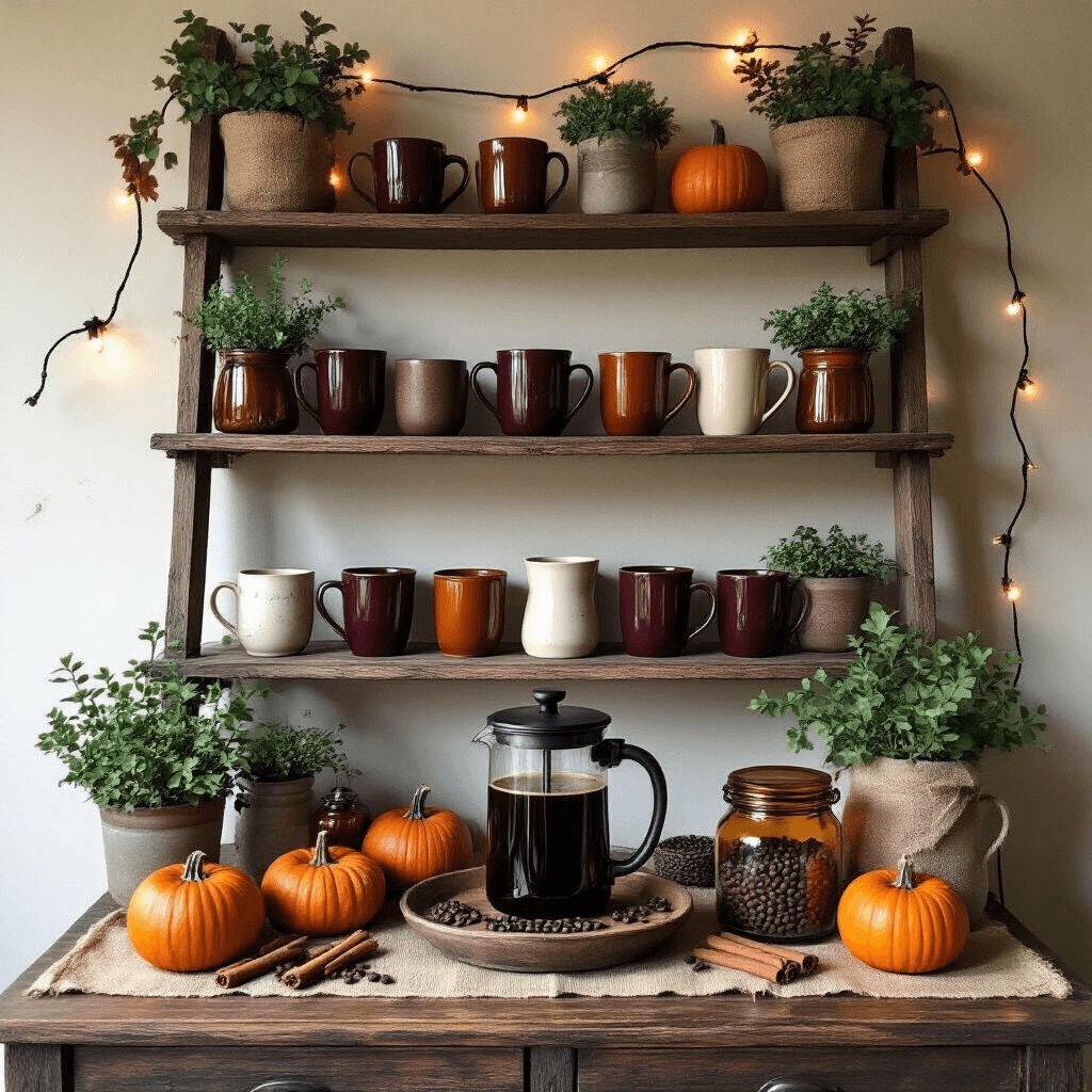 Coffee corner design A cozy autumn coffee corner featuring a rustic wooden ladder shelf with vintage mugs and potted herbs, a French press setup on a weathered tray, surrounded by pumpkins and cinnamon sticks, all illuminated by soft evening light and string lights.