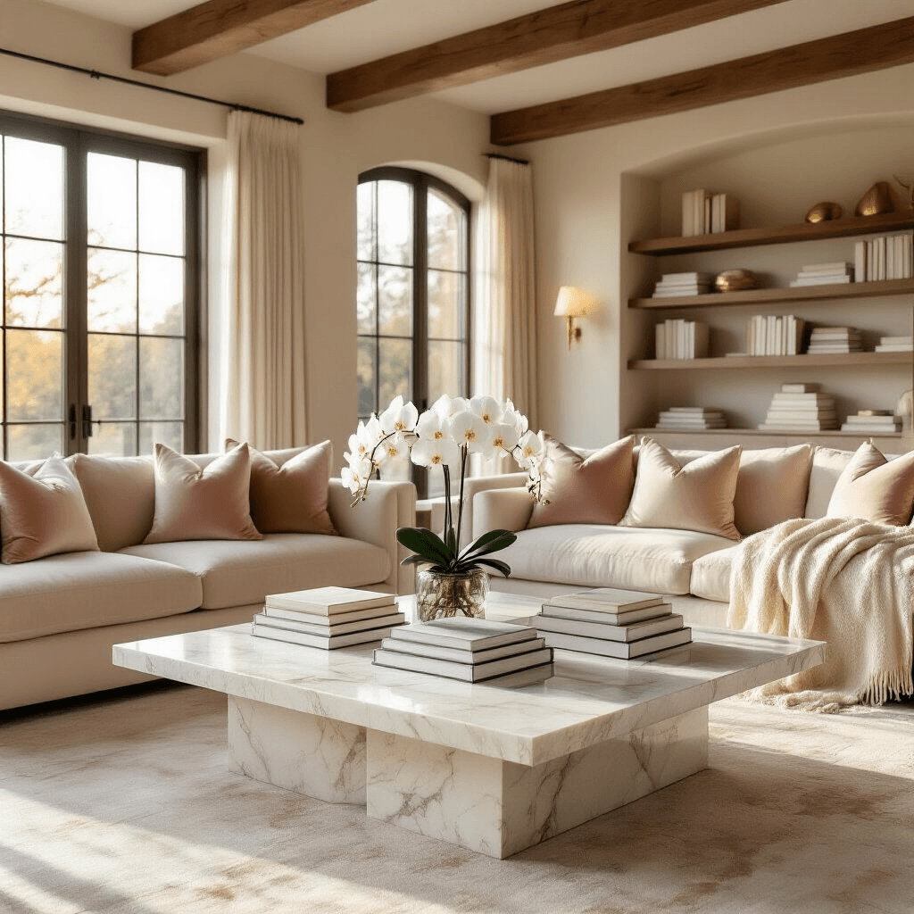 Coffee Table Books as Decor: The Ultimate Guide to Styling Your Space Like a Pro Elegant living room interior during golden hour, featuring a marble coffee table with stacked cream and ivory books and a white orchid. Soft sunlight filters through large windows, illuminating plush blush pink sofas with silk pillows and a cashmere throw. The design includes wooden beams and built-in shelves with additional books, creating a sophisticated, layered atmosphere in soft gold and sage green tones.