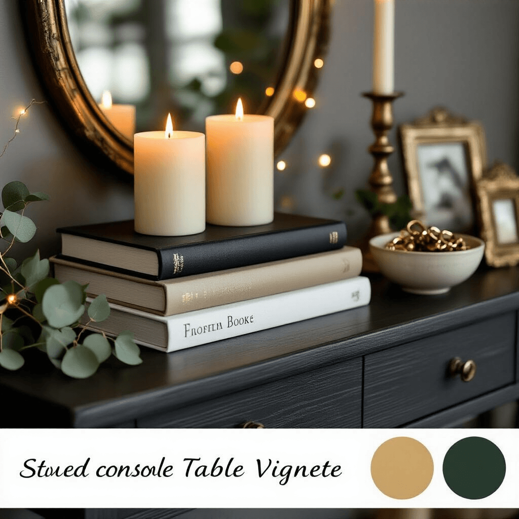 Coffee Table Books as Decor: The Ultimate Guide to Styling Your Space Like a Pro Close-up detail of a styled console table vignette featuring black, white, and metallic gold coffee table books, assorted pillar candles, a dark wood console against soft gray walls, twinkling fairy lights, a ceramic bowl with vintage brass keys, fresh eucalyptus sprigs, a decorative mirror, and metallic picture frames in a warm candlelit atmosphere.