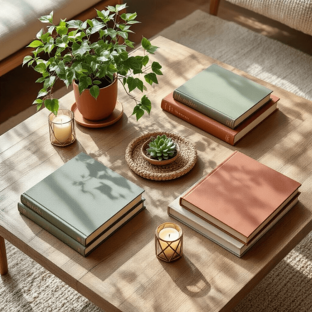 Coffee Table Books as Decor: The Ultimate Guide to Styling Your Space Like a Pro Overhead flat lay of a square coffee table, featuring diagonal stacks of terracotta and sage art books, a trailing potted ivy, geometric candle holders, handwoven coasters, and a small succulent, all against a natural wood grain surface and surrounded by neutral linen seating.