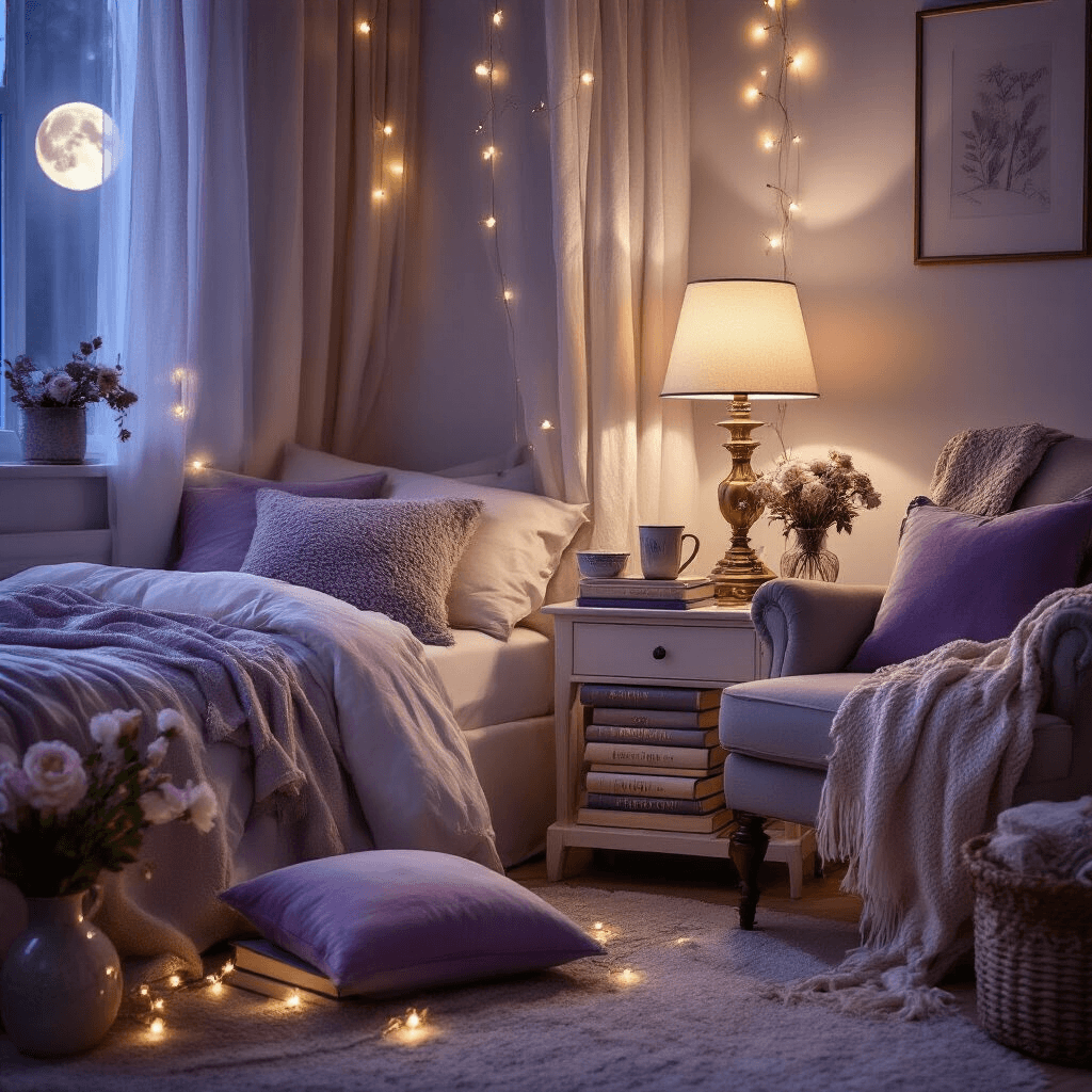 Coffee Table Books as Decor: The Ultimate Guide to Styling Your Space Like a Pro Cinematic wide shot of a cozy bedroom corner illuminated by fairy lights, featuring a plush reading chair with a vintage brass lamp, layered textiles, and decorative books in lavender and silver, creating an intimate, magical ambiance.