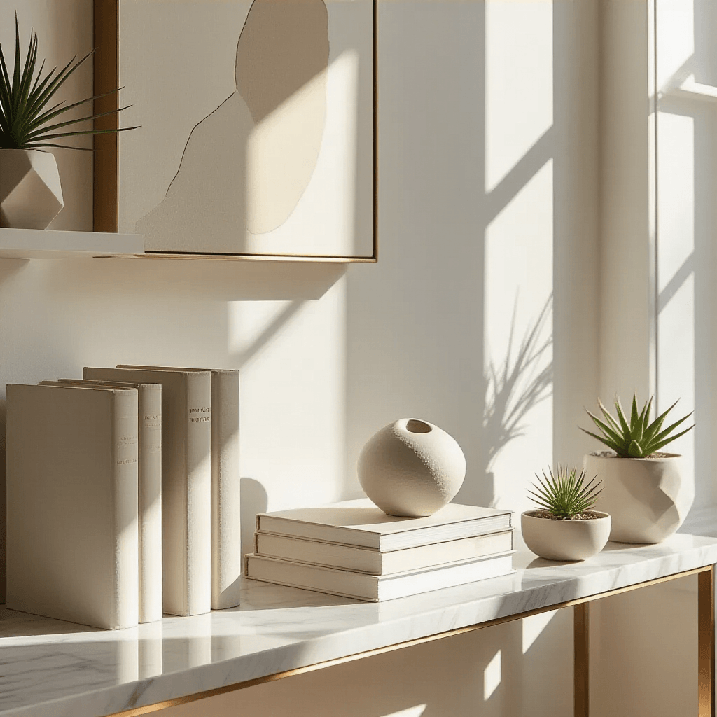 Coffee Table Books as Decor: The Ultimate Guide to Styling Your Space Like a Pro Detail shot of a modern apartment console table showcasing minimalist book styling, featuring three books with pages facing outward, topped with a matte white sculptural ceramic piece, set against a backdrop of abstract art and floating shelves, with marble countertop, brushed brass hardware, geometric planters, and handblown glassware in a refined color palette.