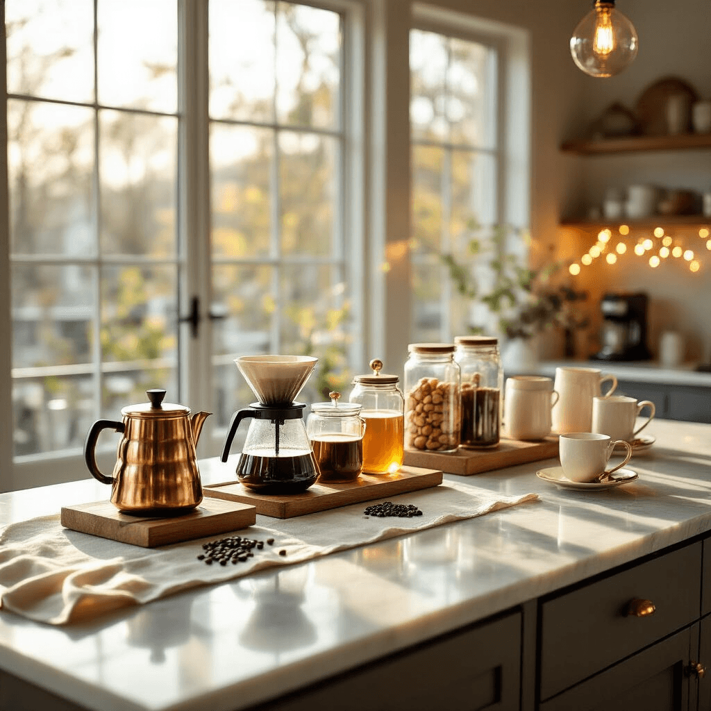 I Just Threw the Ultimate Coffee Bar Party (And You Can Too!) A wide-angle shot of an elegant coffee bar on a marble kitchen island, featuring a brewing station with a copper French press, a customization station with glass jars of syrups, and a finishing station with cream mugs, surrounded by fresh eucalyptus and warm string lights in a bright modern apartment.