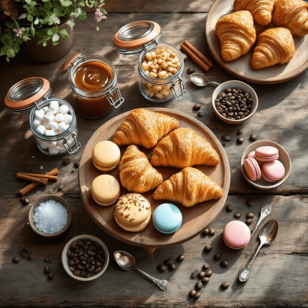 I Just Threw the Ultimate Coffee Bar Party (And You Can Too!) Overhead flat lay of a whimsical toppings bar on rustic wood, featuring glass jars with mini marshmallows, caramel sauce, chocolate shavings, and edible gold flakes, surrounded by coffee beans, cinnamon sticks, sea salt, and a tiered stand of pastries in pastel hues, all illuminated by natural sunlight.