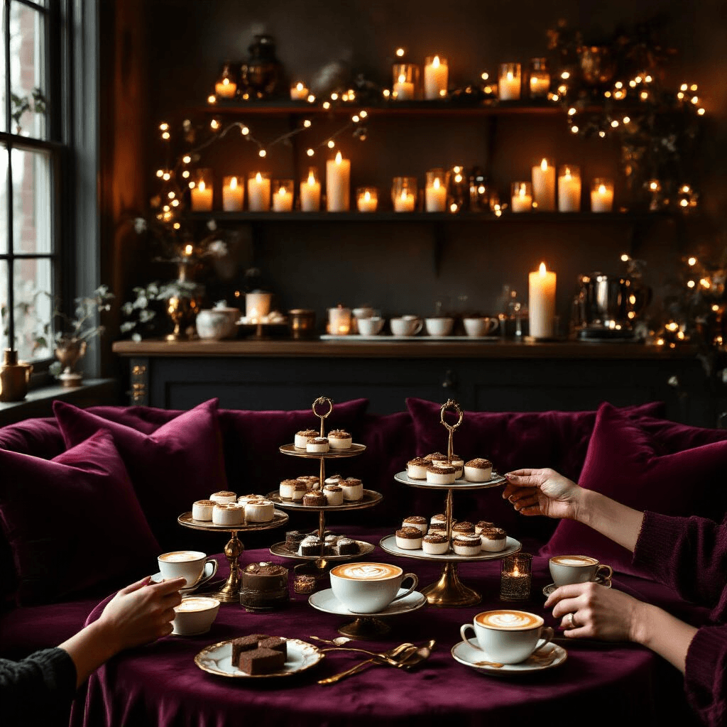 I Just Threw the Ultimate Coffee Bar Party (And You Can Too!) A cozy candlelit living room features a luxurious coffee dessert party setup with fairy lights, pillar candles, and rich burgundy cushions. Delicate porcelain cups with latte art, mini tiramisu cups, and espresso brownies are displayed on tiered cake stands, all surrounded by warm, dramatic lighting that enhances the intimate atmosphere.
