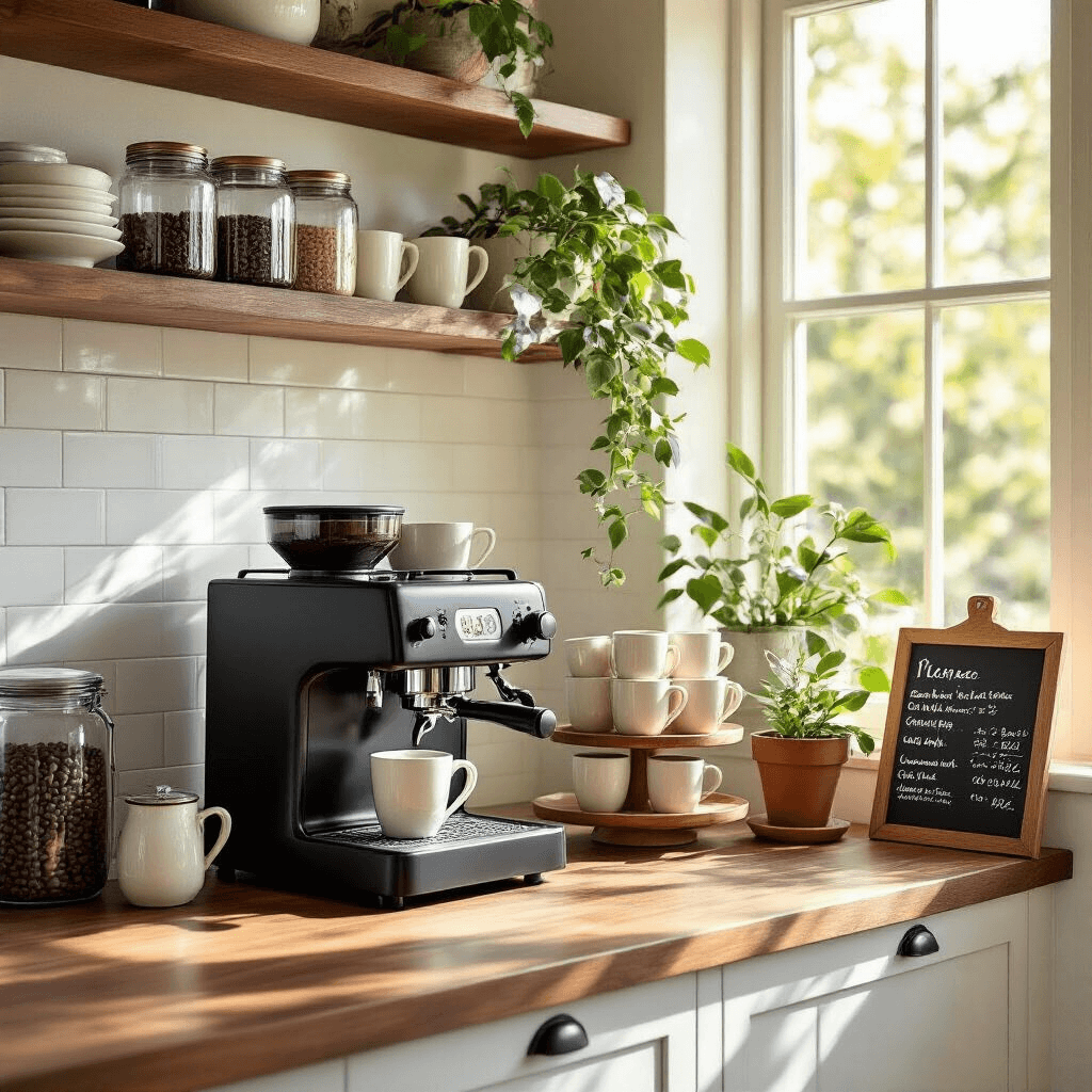 How to Set Up a Kitchen Coffee Bar That Actually Looks Good (And Works Even Better) A cozy kitchen coffee bar featuring a matte black espresso machine on a walnut countertop, surrounded by cream stoneware mugs, a ceramic grinder, and glass canisters of coffee beans and sugar, all bathed in soft morning light. A terracotta pot with pothos and a linen-textured chalkboard menu complete the inviting scene.