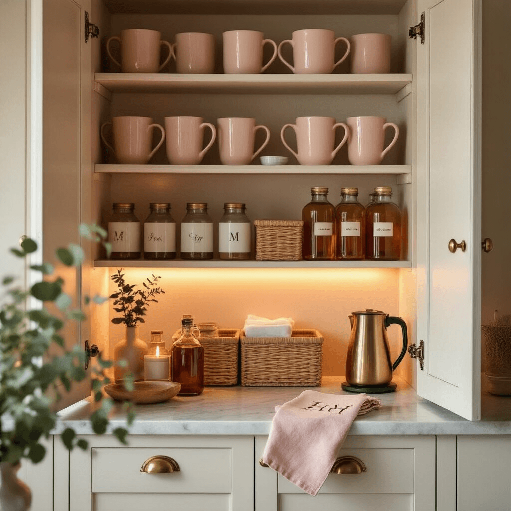 How to Set Up a Kitchen Coffee Bar That Actually Looks Good (And Works Even Better) A warm candlelit close-up of an organized kitchen coffee bar in a painted larder cabinet, featuring blush pink linen displays, hand-thrown ceramic mugs, amber glass syrup bottles, rattan baskets, and a polished brass milk frother, all illuminated by a soft amber under-cabinet LED strip.