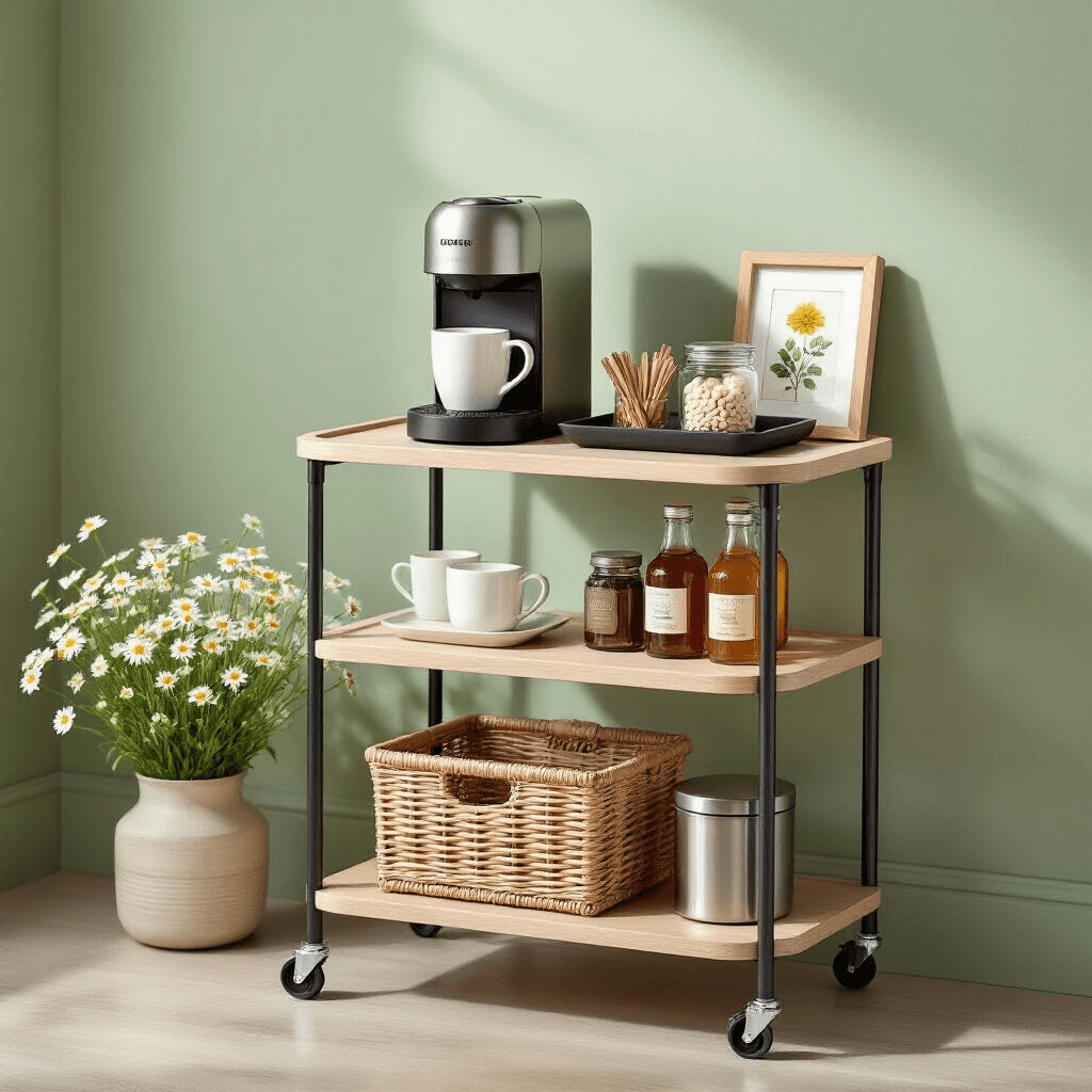 How to Set Up a Kitchen Coffee Bar That Actually Looks Good (And Works Even Better) A flat-lay overhead image of a compact rolling bar cart styled as a coffee station against a soft sage green wall, featuring a silver pod coffee machine, white mugs on a black tray, syrup bottles, sugar cubes, a botanical print, a wicker basket, a mini trash bin, and fresh chamomile flowers in a vase, all bathed in natural light.