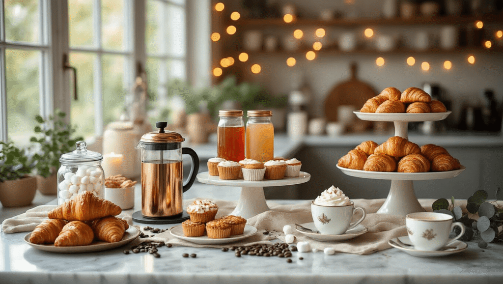 I Just Threw the Ultimate Coffee Bar Party (And You Can Too!) Elegant coffee bar party setup on a marble kitchen island featuring a copper French press, colorful syrup jars, tiered stands with pastries, and cozy candlelight in a warm, inviting atmosphere.