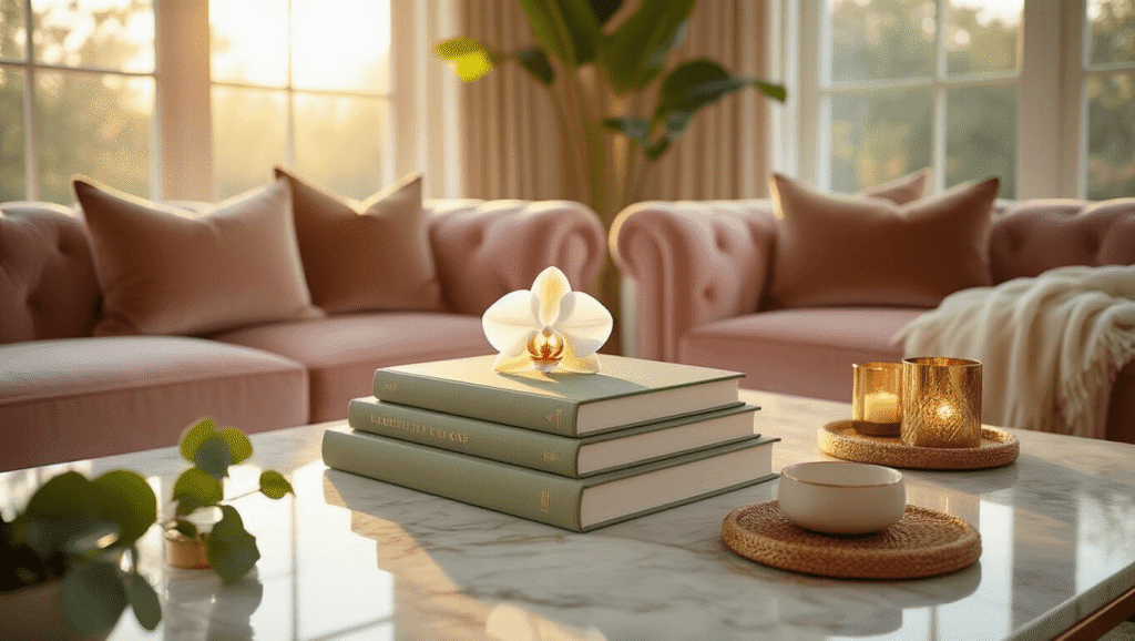 Coffee Table Books as Decor: The Ultimate Guide to Styling Your Space Like a Pro Cinematic wide shot of an elegant marble coffee table at golden hour, showcasing stacked cream and sage green books topped with a white orchid, surrounded by a blush pink velvet sofa, silk pillows, and brass candle holders, with warm sunlight enhancing textures and colors.