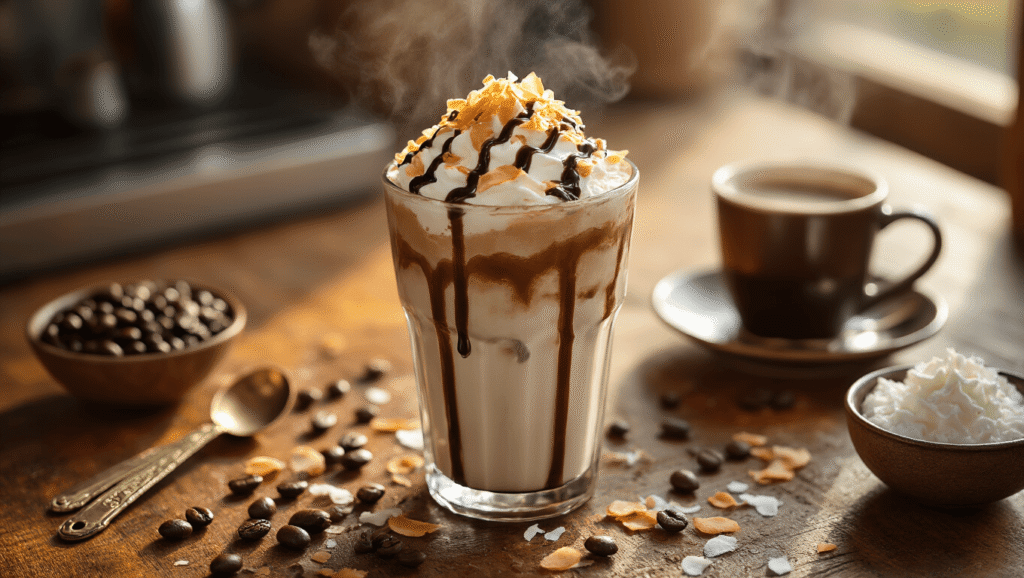 Iced Coconut Mocha: Rich, Creamy, and Ready in 10 Minutes Cinematic overhead shot of a tall glass of iced coconut mocha with chocolate drizzle, topped with toasted coconut flakes and whipped cream, on a rustic wooden counter adorned with coffee beans and vintage kitchen tools, bathed in warm sunlight.