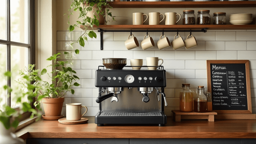 How to Set Up a Kitchen Coffee Bar That Actually Looks Good (And Works Even Better) A stylish coffee bar station in a cozy kitchen alcove, featuring a matte black espresso machine, walnut countertop, cream mugs, glass canisters with coffee beans, and warm morning light illuminating the scene.