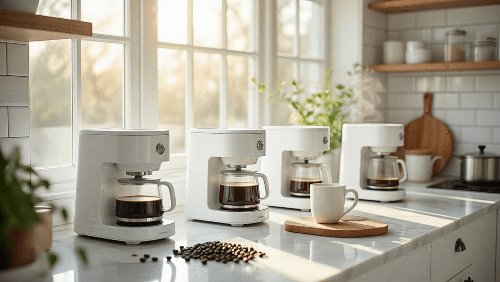 The Best White Coffee Makers for Every Kitchen Style and Budget Cinematic wide-angle shot of a modern kitchen showcasing multiple white coffee makers on marble countertops, with natural light highlighting a clean minimalist aesthetic and fresh coffee beans scattered about.