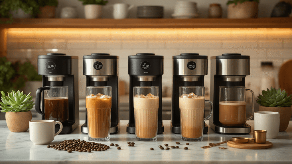 How I Found the Perfect Iced Coffee Maker After Testing 12 Different Machines This Summer A modern kitchen counter bathed in warm golden hour sunlight, featuring five premium iced coffee makers, tall glass tumblers of iced coffee, scattered coffee beans, and vintage measuring spoons on a marble surface, with a white subway tile backsplash and potted succulents, creating a cozy coffee connoisseur ambiance.