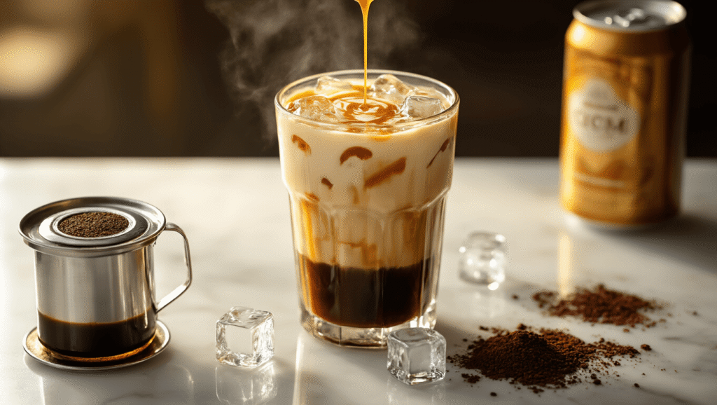 Vietnamese Iced Coffee (Cà Phê Sữa Đá): The Bold, Sweet Caffeine Hit You Need Cinematic overhead shot of Vietnamese iced coffee preparation on a marble counter, featuring a silver phin filter dripping dark coffee into a glass with condensed milk and ice, illuminated by golden morning light.