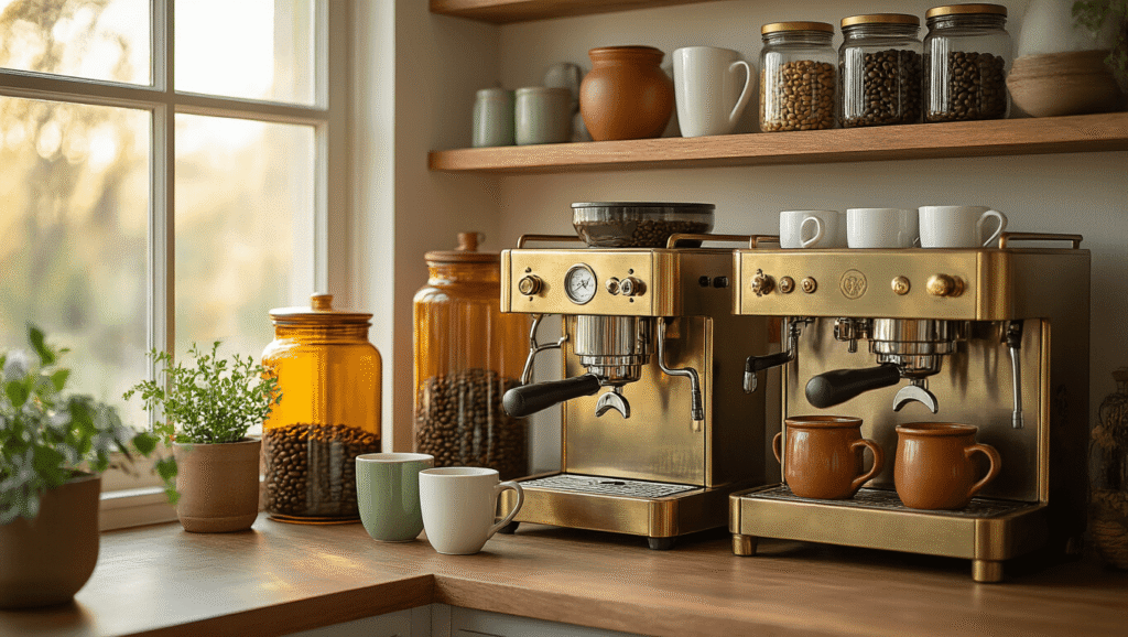 Coffee corner design Cinematic coffee corner with a vintage brass bar cart, sleek espresso machine, terracotta canisters, and amber glass jars, bathed in warm morning light, showcasing a cozy, inviting atmosphere.